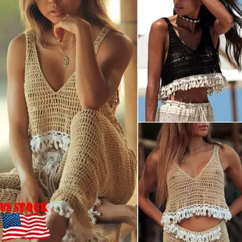 

Women's Boho Summer Crochet Lace Loose Pullover T-Shirts Sleeveless Knitted Bra Beach Bikini Cami Tank V-Neck Crop Top Shirt