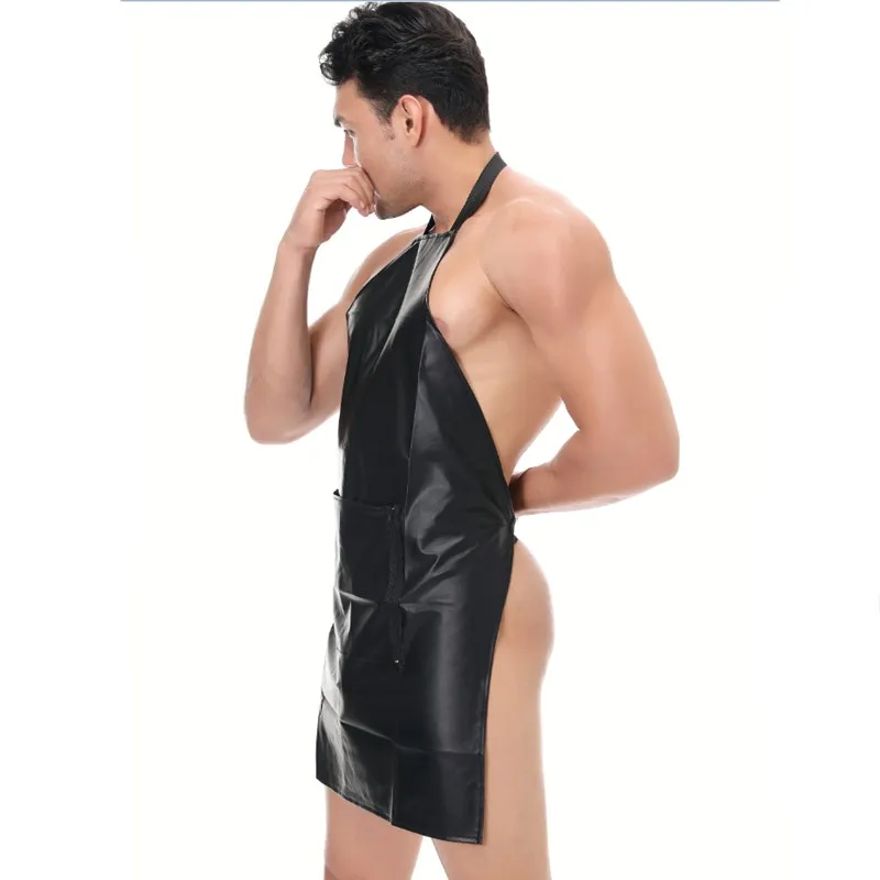 Mens Sexy Lingerie Black Leather Sexy Erotic Apron Front Open Crotch Crotchless Male Cosplay Uniforms Nightclub Stage Ds Costume