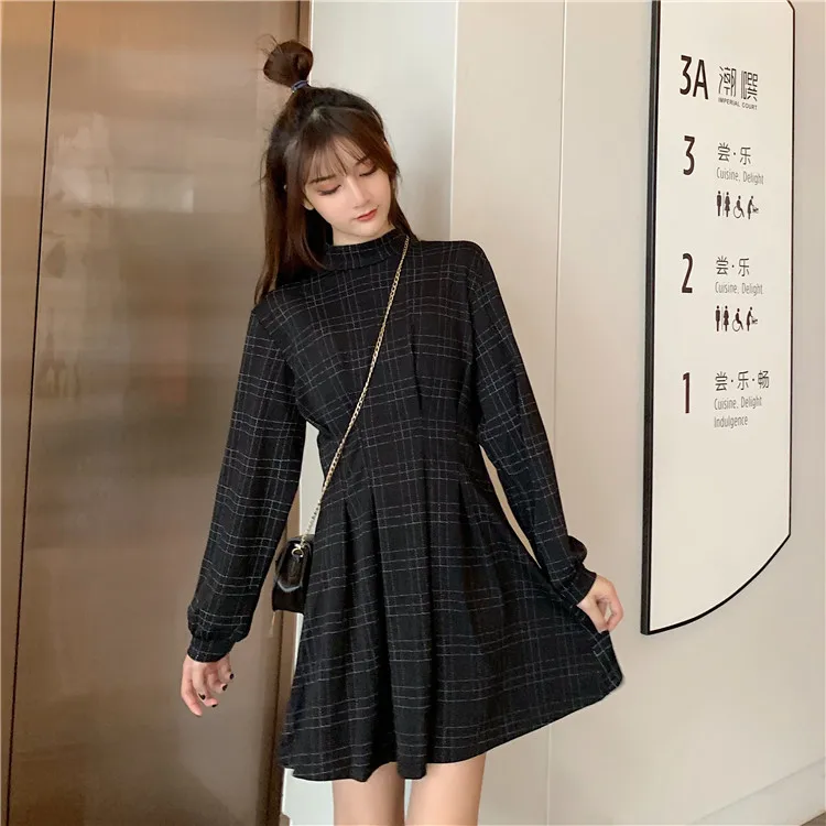 Photo Shoot 2020 Spring New Style Black Plaid Long Sleeve Dress g | Женская одежда
