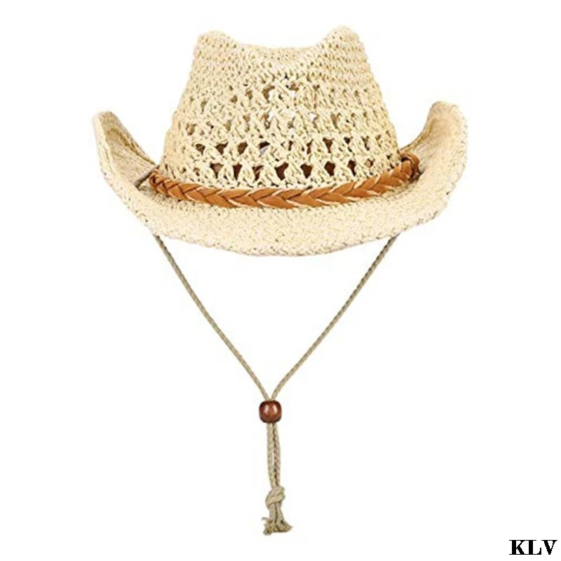 Child 52-54cm Взрослые и дети широкие поля, из соломы Защита от солнца ковбойские шляпы шапки анти УФ Путешествия Пляж складные ковбойские шляпы для женщин с подбородком ремень - Цвет: Child 52-54cm