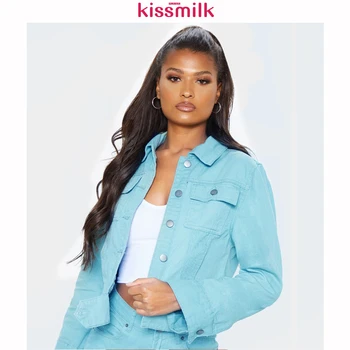 

KISSMILK 2020 Spring And Summer New Fashion Solid Color Short Paragraph Large Size Loose Long-sleeved Denim Jacket Women