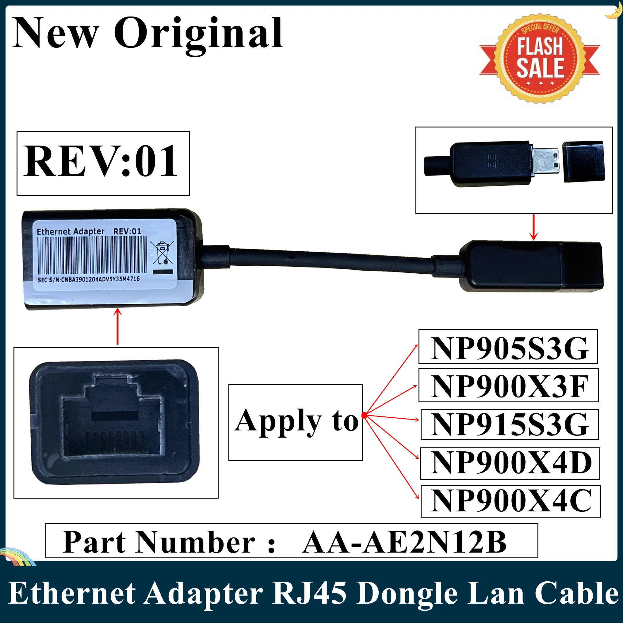 СОП новое оригинальное для Samsung NP905S3G NP900X3F NP915S3G NP900X4D NP900X4C AA-AE2N12B Ethernet адаптер RJ45 Dongle