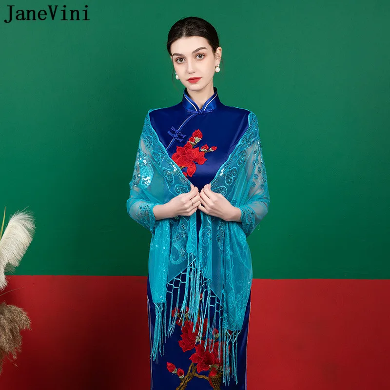 JaneVini 2021 Sequined Braut Blue Bolero Wedding Cape Shawl Scarf Red Navy Shiny Bridal Hijabs Wraps Stole Chales Femme Mariage