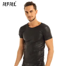 Сексуальные мужские черный с короткими рукавами искусственная кожаная футболка майка Клубная одежда Лидер продаж мужские Повседневное зауженный фасон стильные рубашки Экзотические майки