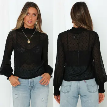 

Sexy Mesh Blouses Women 2020 Spring Long Lantern Sleeve Sheer Mesh Transparent Polka Dot Club Office Lady See Through Shirts