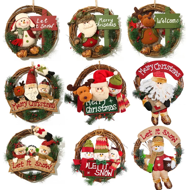 Large wreath Santa Claus snowman deer solid wood rattan ring pendant Christmas decoration | Дом и сад