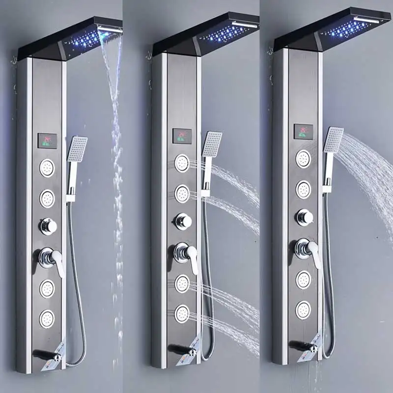 Черный никель светодиодный дождь водопад смеситель для душа набор душевая панель Колонка многофункциональная насадка Массаж Спа струи температурный экран