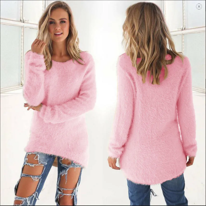 Осенне-зимний свитер женский свободные свитера джемпер Повседневный однотонный вязаный свитер теплая женская одежда Топ Pull Femme - Цвет: Розовый