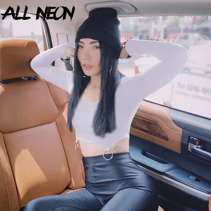 ALLNeon E-girl Aesthetics Slim Ring O-neck Cropped Tops Y2K Fashion Solid Long Sleeve Black T-shirts 90s Streetwear Vintage Fall