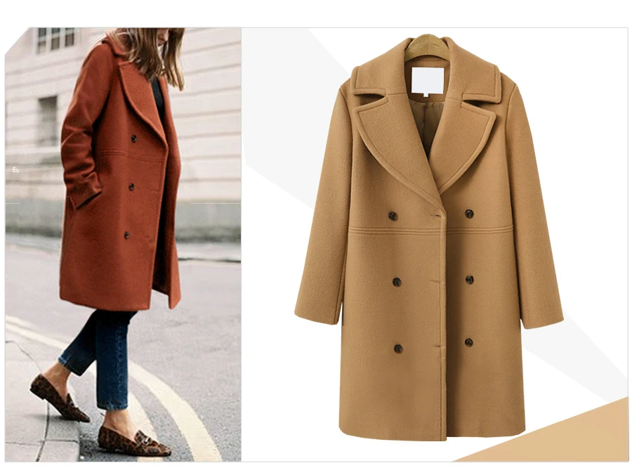 Женские зимние пальто осень и зима новые большие размеры Женская однотонная ветровка с лацканами Свободное длинное шерстяное пальто для женщин