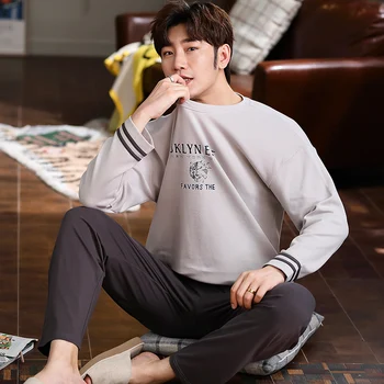 

Plus Size L-3X 95kg Nightwear Long Sleeve Spring Autumn Cotton Pajamas Sets Print Sleepwear Long Pant Male Men Pajama Set