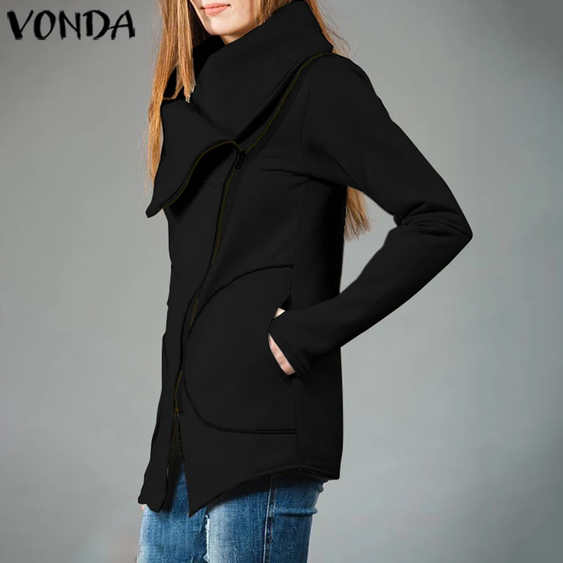 Осенне-зимние женские куртки VONDA, Женская Повседневная Свободная кофточка с высоким воротником, однотонные пальто, большие размеры, пальто
