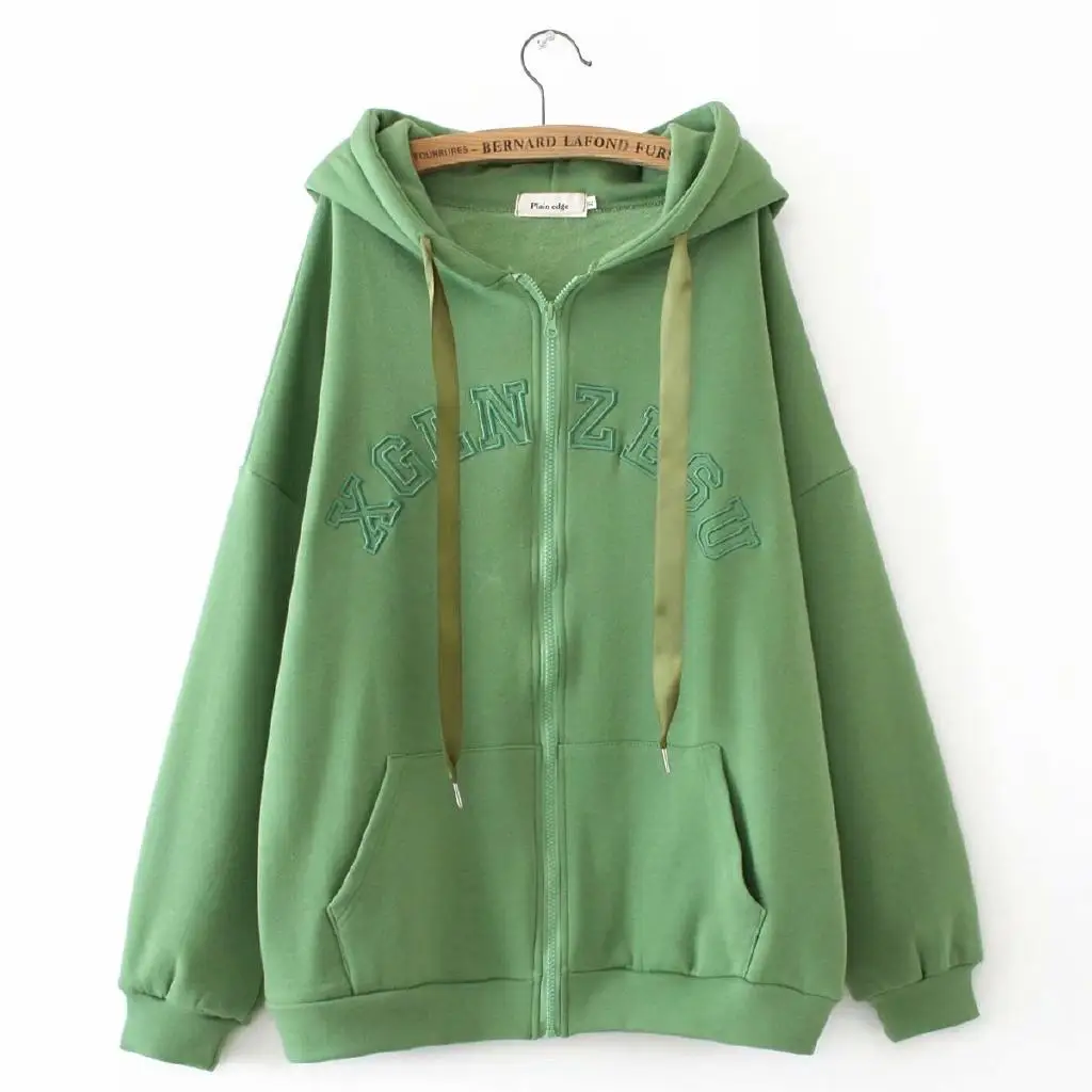 Plus Size Women's Letter Embroidery Hoodies Long Sleeved Velvet Winter Sports Wear Casual Outwear hoodie winter jacket women - Цвет: Зеленый
