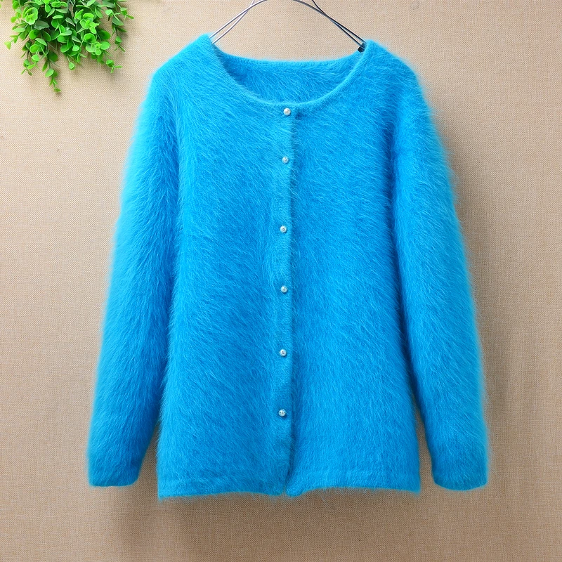 

Top mujer femme autumn winter short sweet blue fashion fuzzy angora rabbit wool fur cardigans long sleeves sweater coat jacket