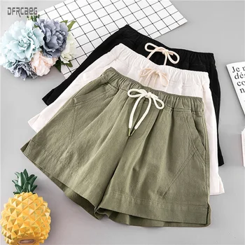 

New Arrivals Womens Shorts Summmer Black Elastic Waist Wide Leg Cotton Linen Women Shorts Solid Drawstring Pockets Shorts Femme