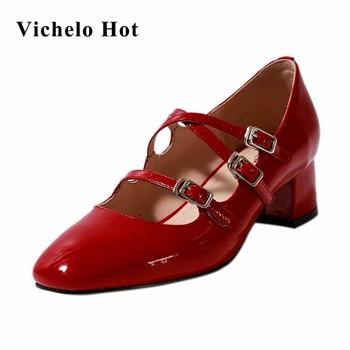 

Vichelo Hot vintage full grain leather buckle decorations round toe med square heel buckle straps dance party women pumps L38