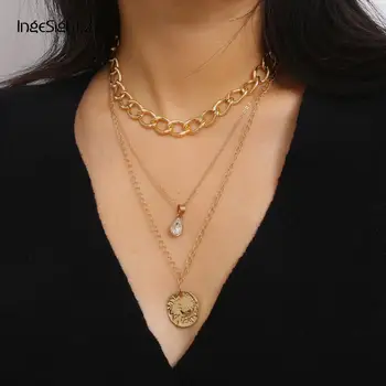 

IngeSight.Z Multi Layer Vintage Curb Cuban Thick Choker Necklace Punk Carved Coin Crystal Pendant Necklaces for Women Jewelry