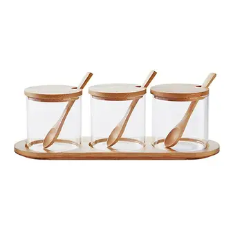 

3pcs Glass Seal Cans with Spoon Set Glass Seasoning Jars Kit Bamboo Wood Lid Condiment Pot Kitchen Seasoning Boxes Set for Home