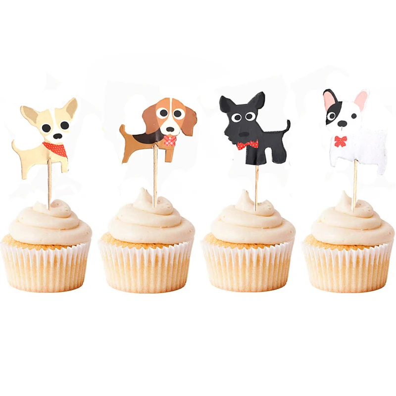 24 Pcs Dog Cupcake Toppers Gold Puppy Cupcake Toppers Decoration Supplies for Pet Theme Birthday Party 