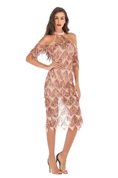 

Women Elegant Sequined Dress Evening Party Cold Shoulder Slit Vestidos Mesh Runway Dress Sexy Night Club Tassels Fring D90802J