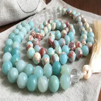 

8mm Amazonite Crystal jasper Gemstone mala necklace 108 Beads Buddhism Tassel Chakas Meditation Wrist MONK Healing yoga