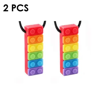 

2PCS Rainbow Brick Chew Necklace Baby Silicone Teether Autism Sensory Chew Therapy Tools Kids Chewy Toys