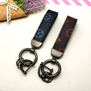 

Gun Metal Circle Horseshoe Buckle Old Flower Leather Keychain Luxery Orange Pattern Leather Key Chain Car Auto Waist Keyholder