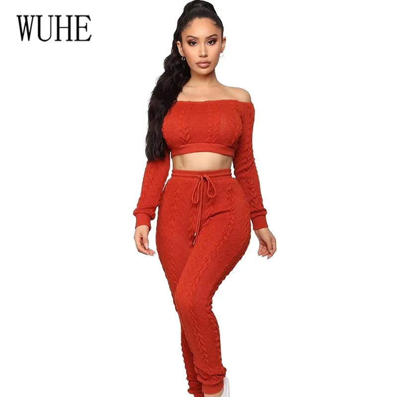 

WUHE Off Shoulder Elegant Hollow Out 2 Pieces Sets Jumpsuits Sexy Slash Neck Lace-up Romper Night Club Overalls Knitting Jumper