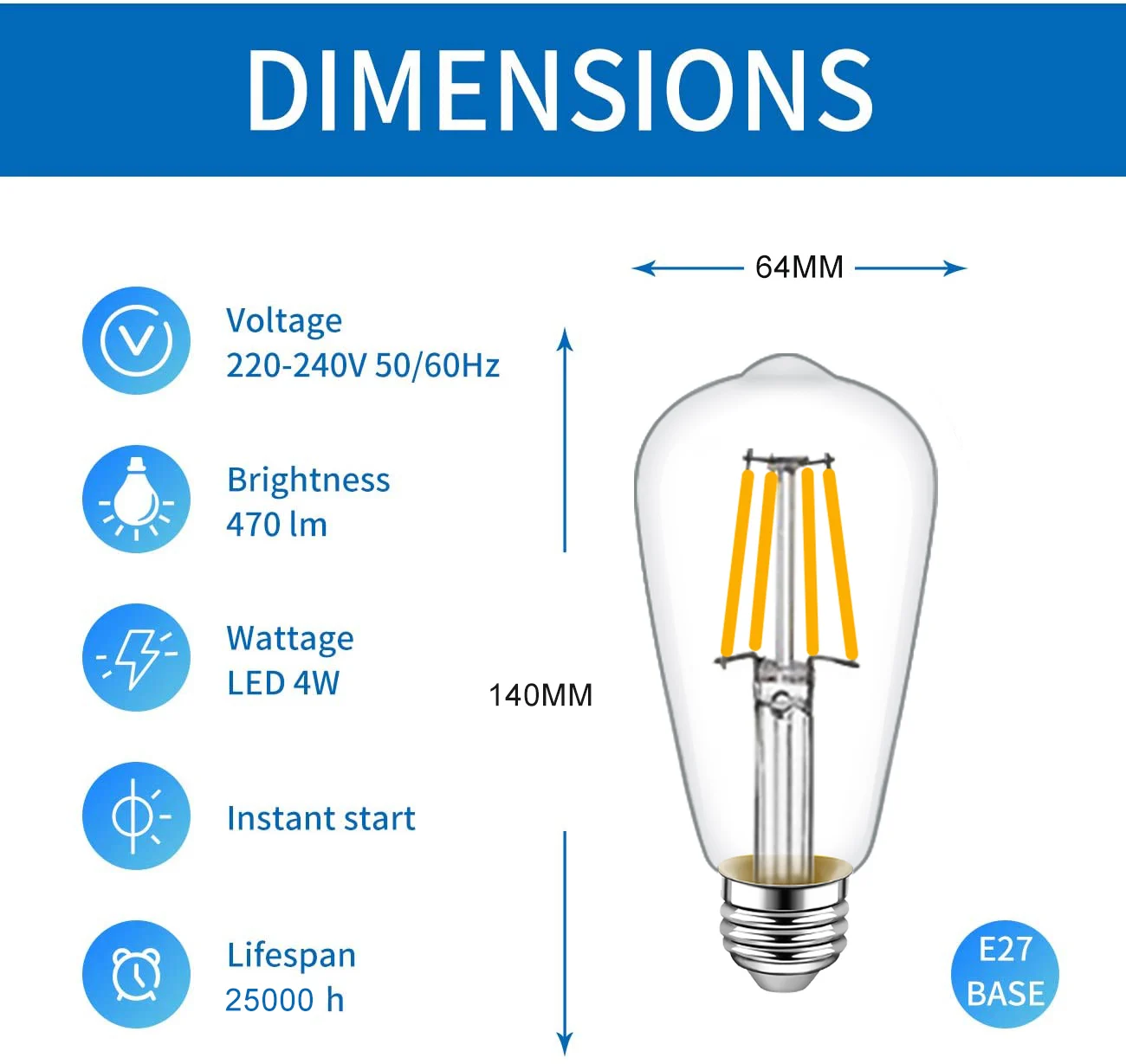 Hcnew 6PCS LED ST64 4W Warm White 2700K Intage Edison Filament Bulb Dimmable E27 220V 360 Degree Energy Light Lamp