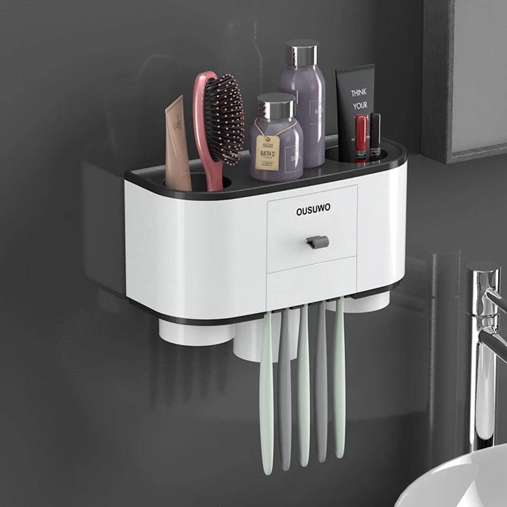 Набор аксессуаров для ванной комнаты для Хранения Туалетных принадлежностей, диспенсер для зубной пасты, автоматическая настенная подставка для зубных щеток, монтируемый пластиковый держатель