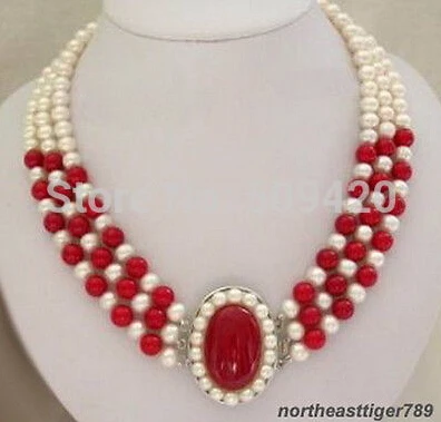 free shipping &gt&gt&gt3 Rows Real White Pearl &amp Red Coral 18KWGP Clasp Pendant Necklace | Украшения и аксессуары
