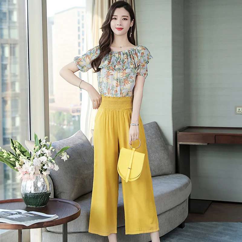 

Chiffon Floral-Print Loose Pants Two-Piece Women's 2019 Summer New Style High-waisted Leisure Suit off-Shoulder Holiday Best Fri
