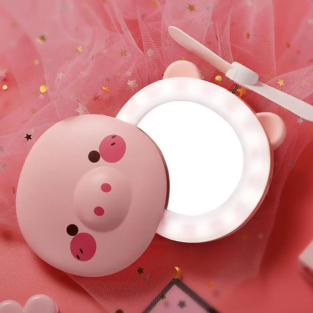 

Mini Portable Cartoon Pig Makeup Mirror With LED USB Rechargeable LED Fill Light Makeup Mirror Fan Travel Women Cosmetic Mirror