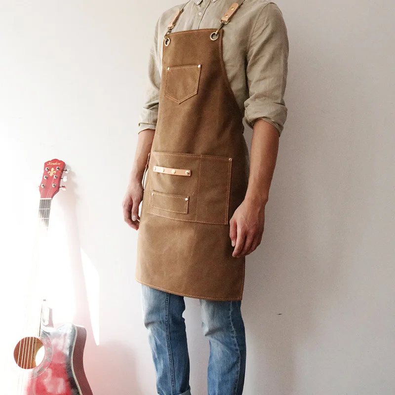 Canvas Bib Leather Chef Kitchen Apron Women Men Barista Bartender Pockets Home Barber Coffee Restaurant  Protective pinafore