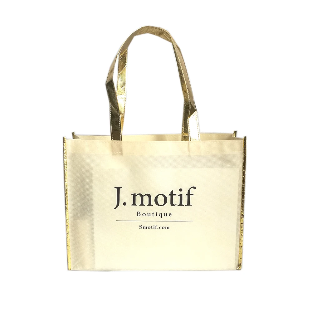 1000 шт./лот, многоразовая бежевая Нетканая хозяйственная сумка с золотым металлическим краем для праздничной одежды, рекламная обувь