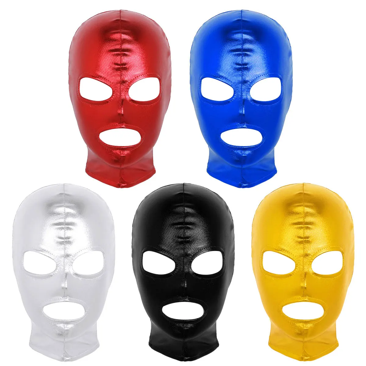 Популярные мужские и женские косплей блестящие металлические латексные маски для лица маскарадные глаза и рот головные уборы полностью маска для лица капот для ролевых игр аксессуары
