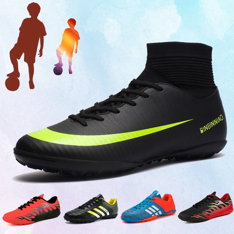 Домашние черные футбольные кроссовки для мужчин и детей, тренировочные футбольные бутсы, спортивные кроссовки с высоким голенищем, мужские Нескользящие футбольные кроссовки для мальчиков