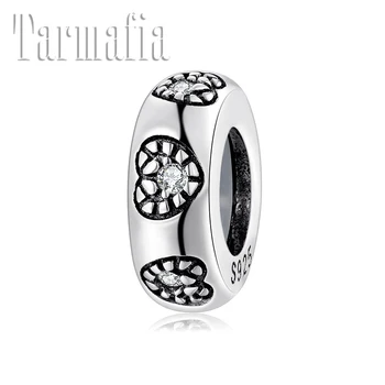 

New Round 925 Sterling Silver Clear Zircon Heart Pattern Stopper Spacer Bead Fit Original Women Charm Bracelets Jewelry Making
