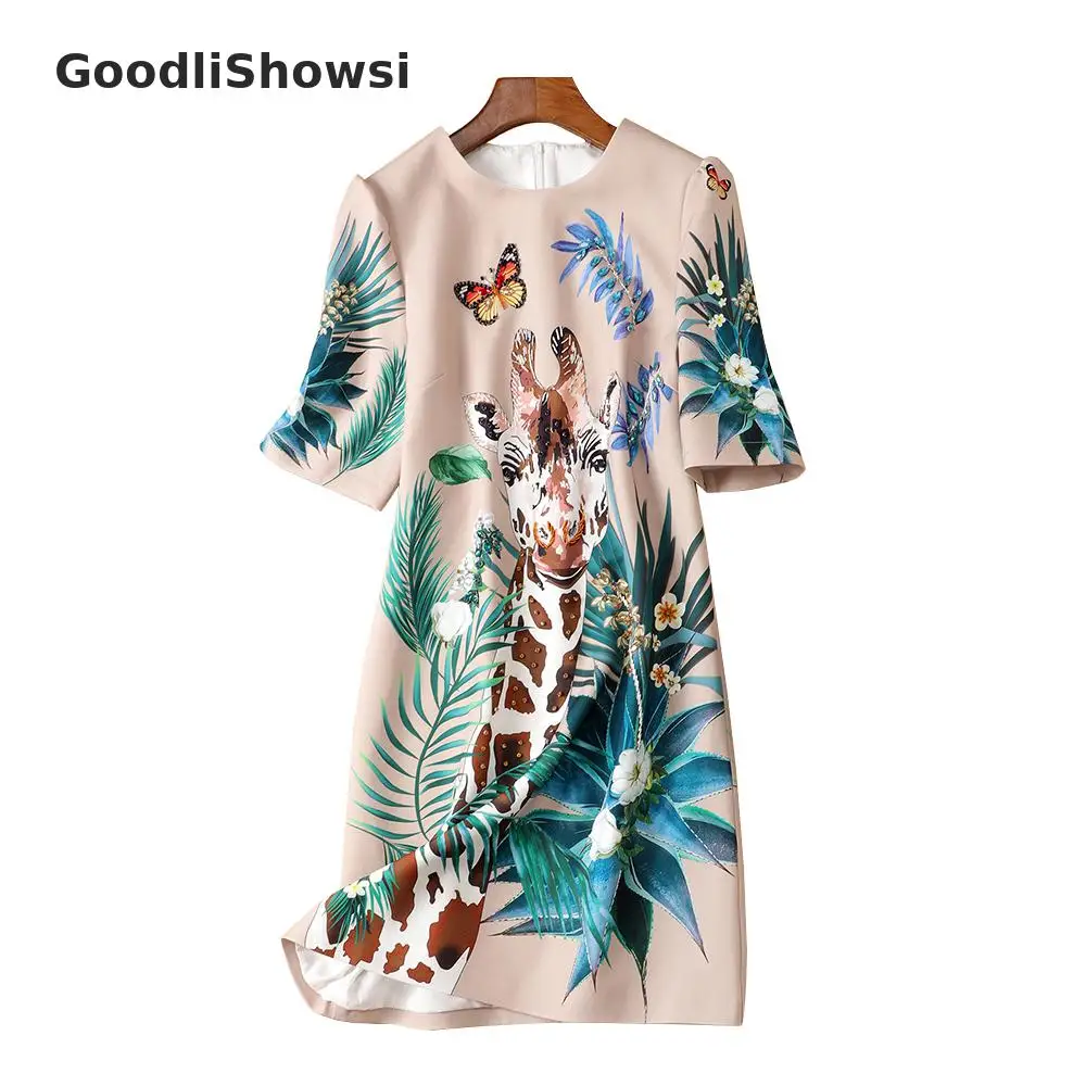GoodliShowsi, Новое поступление, модное женское Цельнокройное платье, расшитое бисером, бриллиантами, с рисунком животных, с круглым вырезом, Повседневное платье-футболка