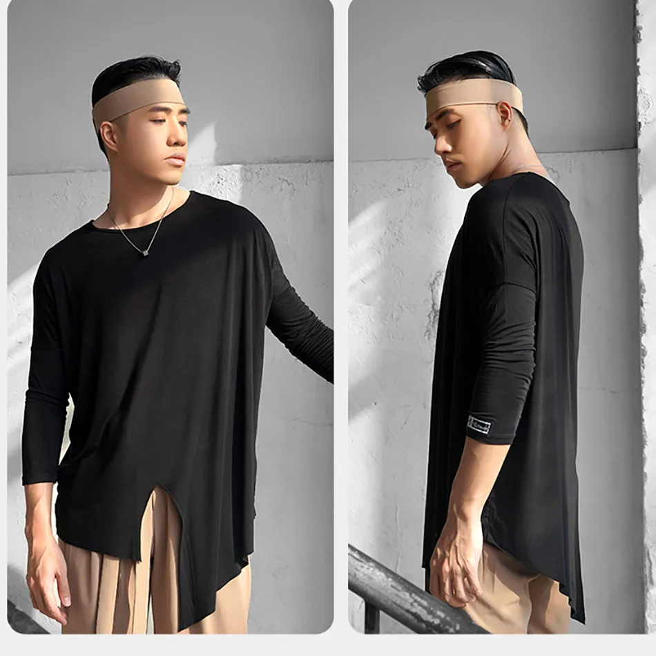 Male Latin Dance T-Shirt Round Neck Men Dance Shirt Ballroom Latin Dancing Clothes Professional Competition Dancewear dance shirts