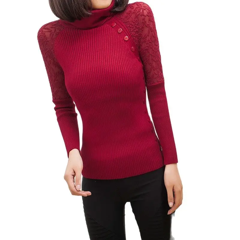 2021 spring Autumn Winter New Fashion Turtle Neck Button Lace Tricotado Women Sweater Slim Pullovers Casual Knitted Knitwear | Женская