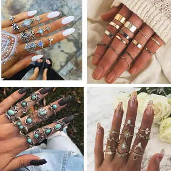 

Boho retro beach style Multilayer Metal Tortoise Flowers Moon Geometry Crystal Joint Ring Set Fashion Jewelry Party Gift