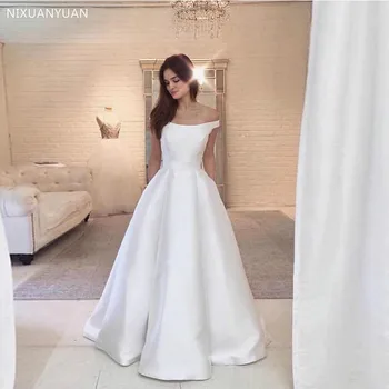 

Vintage Boat Neck Wedding Dress Princess A-line Vestido De Noiva Simple Satin Full Length Off Shoulder Bridal Gowns Cheap 2020