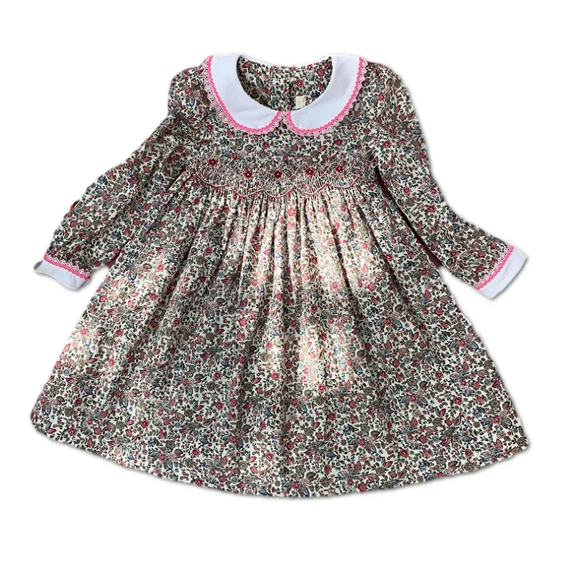 New Spring Autumn Kids Red Floral Printed Peter Pan Collar Handmade Smock Belt Lace Girls 3-7yrs Full-sleeved Cotton Dresses | Детская