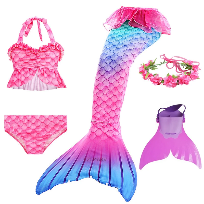 Girls Swimmable Mermaid Tail Costume Cosplay Swimsuit Halloween Dress set with fin Kids Monofin for Swimming Clothes Red Bikini anime halloween costumes