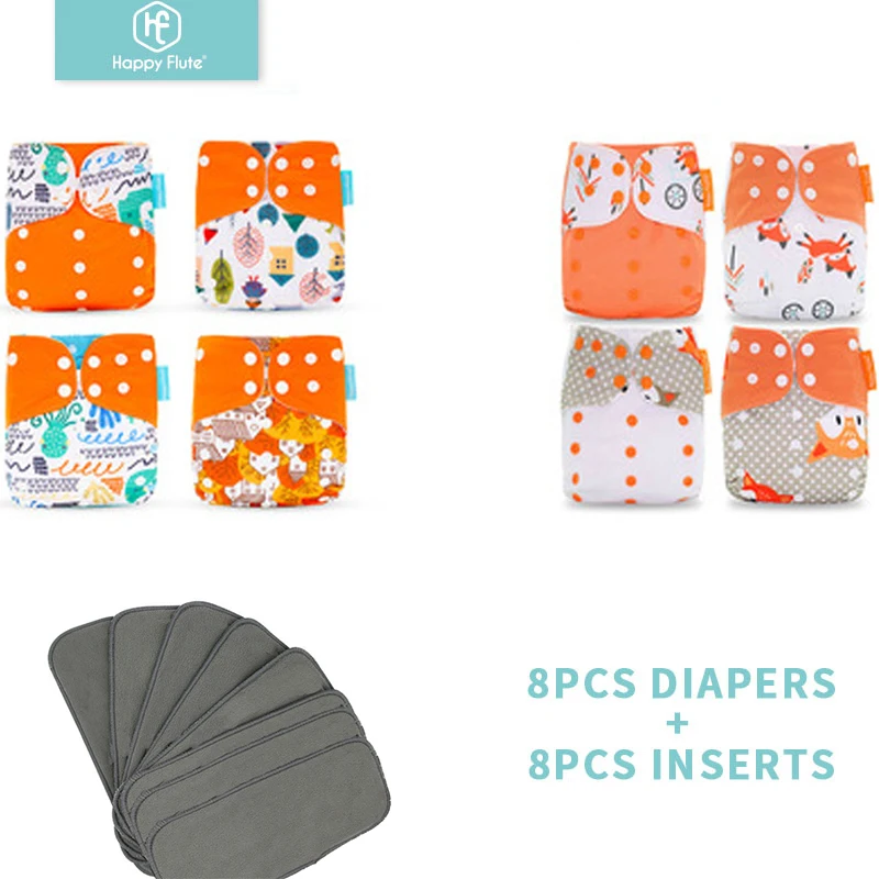 HappyFlute 8 diapers+8 Inserts Baby Cloth Diapers One Size Adjustable Washable Reusable Cloth Nappy For Baby Girls and Boys