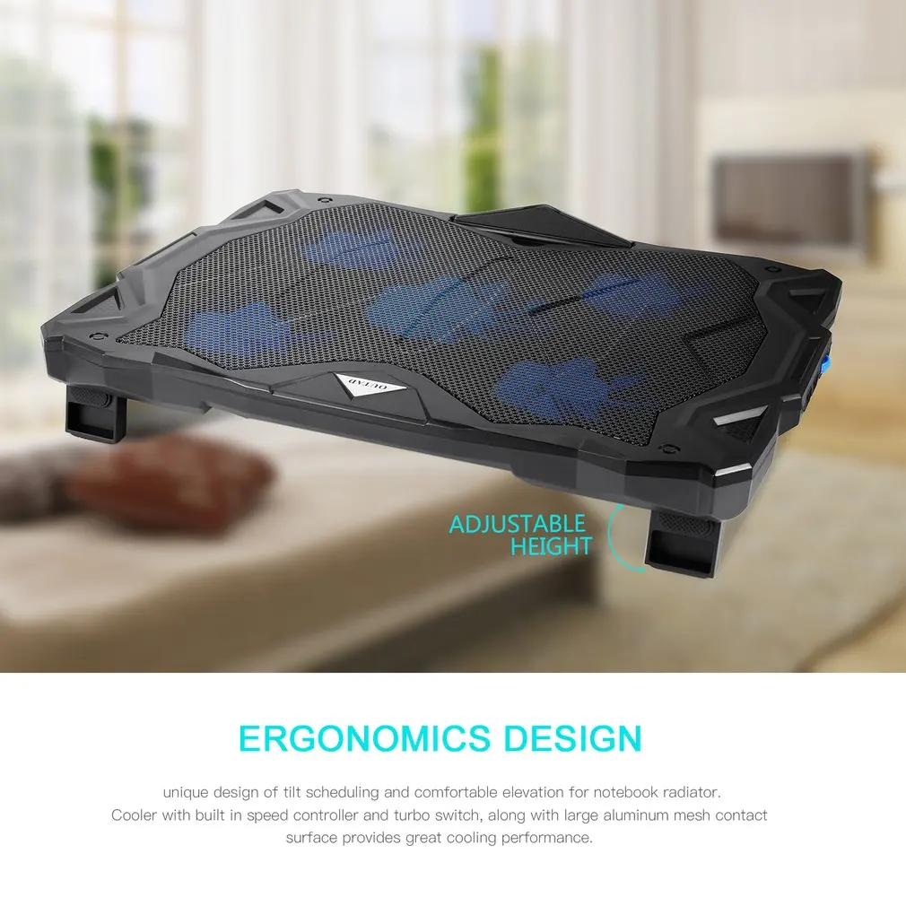 Portable Ultra-thin Long Life Angle Adjustment High Airflow LED Light USB Powered 5 Fan Chill Mat Laptop Cooling Pad