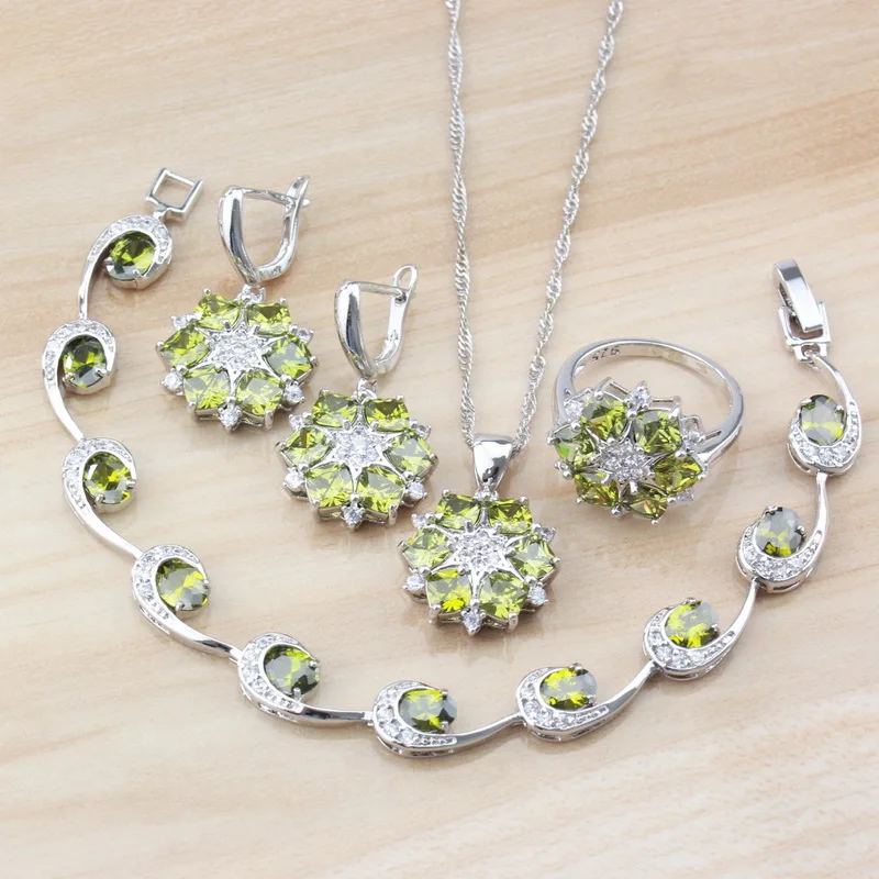 

925 Sterling Silver Natural Stone CZ Olive Green Jewelry Sets For Women Party Costume Earrings Ring And Bracelet Sets