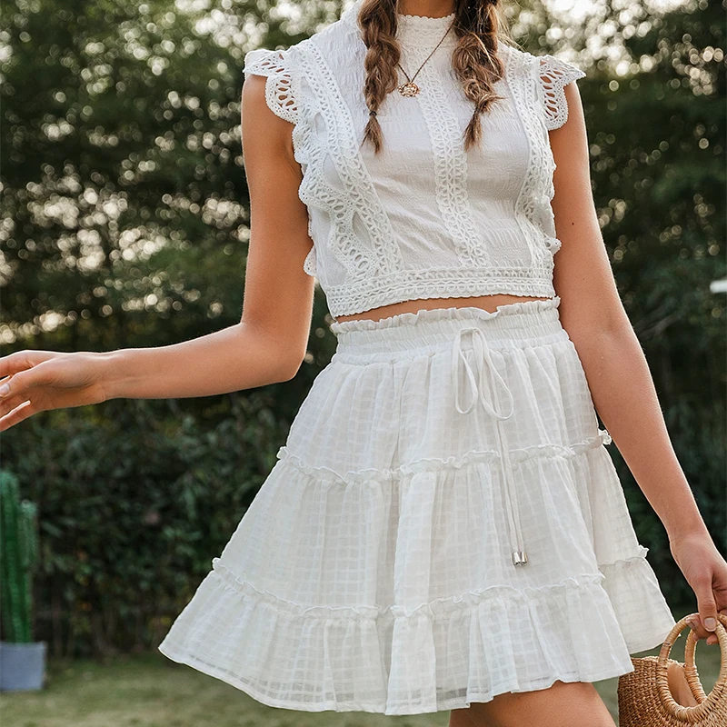 Affogatoo Casual polka dot ruffle summer pink skirt women A line high waist pleated short skirt Floral print chiffon beach skirt Affogatoo Casual polka dot ruffle summer pink skirt women A line high waist pleated short skirt Floral print chiffon beach skirt