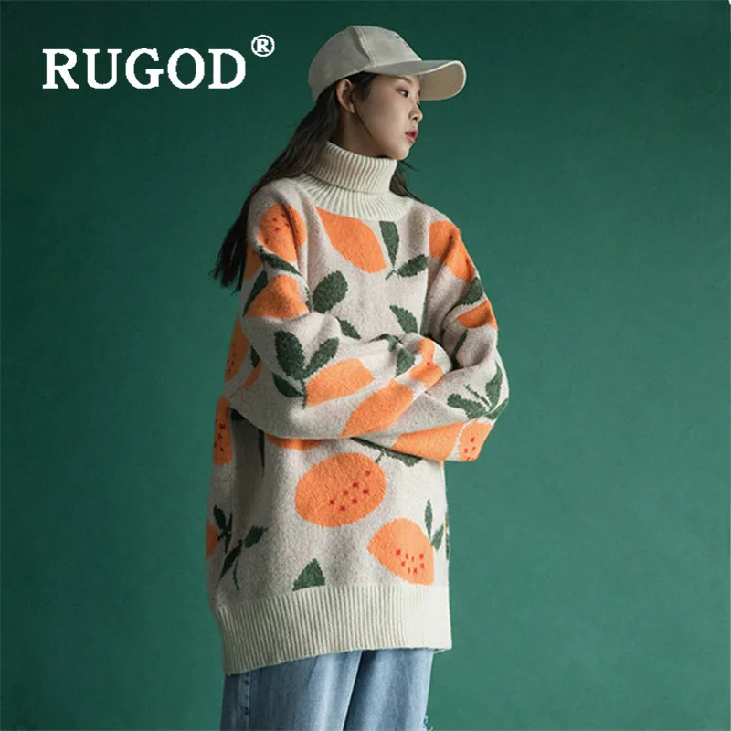 RUGOD свитер с воротником под горло, пуловер с фруктовым узором, Милый джемпер Kawaii, Зимние Топы для женщин, вязаная одежда милого размера плюс, корейский стиль